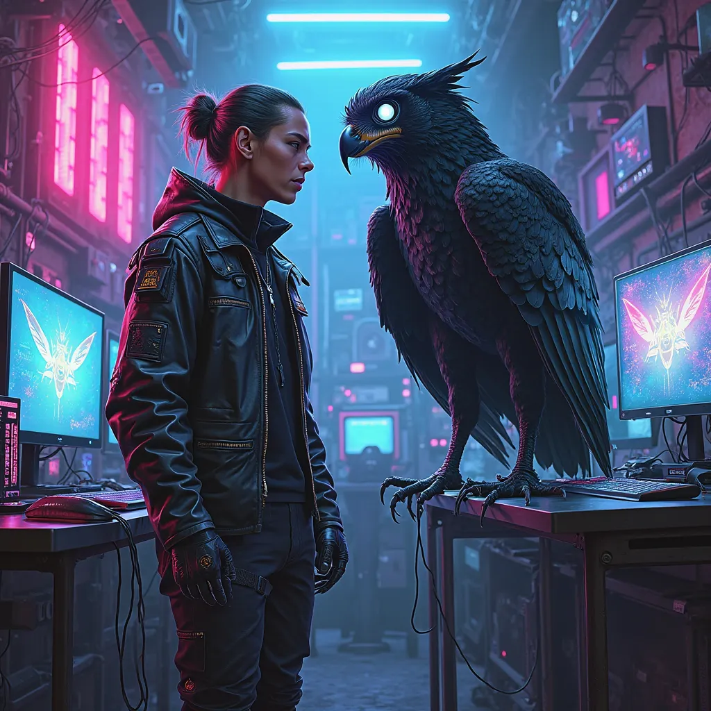 A detailed cyberpunk-style digital painting of a badass "OP_Influencer" sitting in a neon-lit gaming room, surrounded by high-tech computer setups with holographic screens and futuristic gaming gear. The influencer has a commanding presence, wearing a slee...