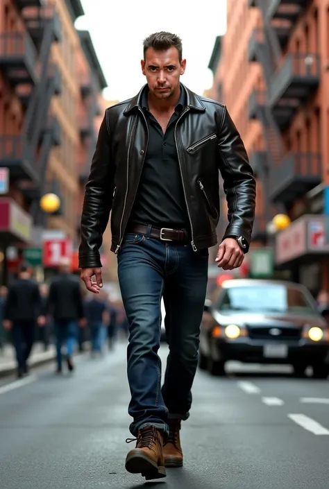 An action movie character wearing clothing walking down the sidewalk of Brooklyn Street 