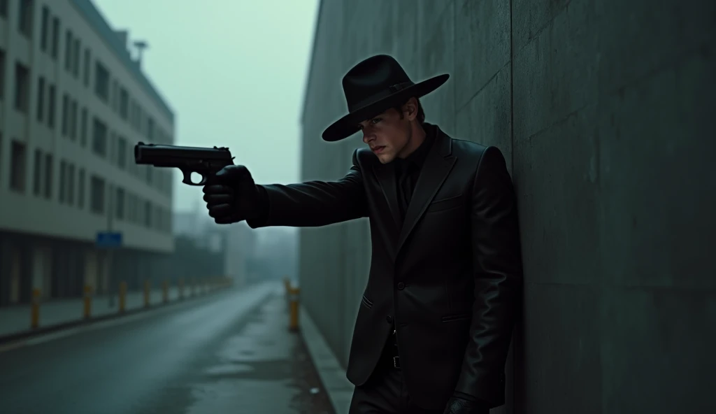 , a man in a black leather suit, wearing a black cowboy hat ,Wearing black leather gloves,ยืนอยู่มุมตึกในมือHolding a 9mm gun. ในความมืดกำลังยืนดักรอใครบางคนที่กำลังเข้ามาไกลๆเป็นภาพWide Angleเสื้อดำ,Holding a 9mm gun.,Standing dodging a corner of a buildi...