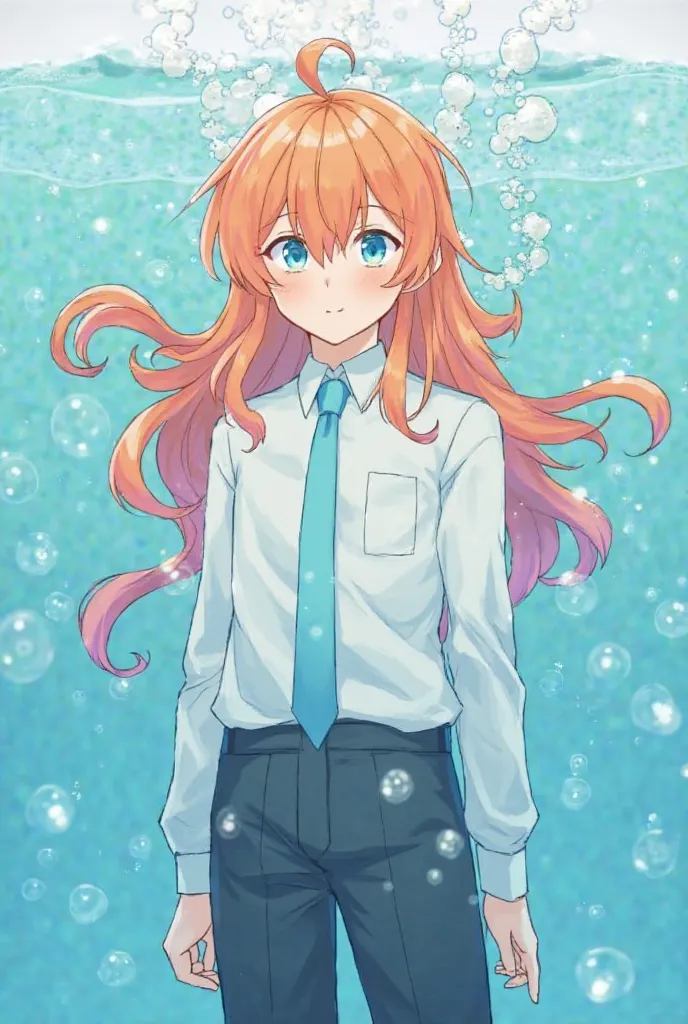  male、1人の male、 male重視、 long hair、solo、
 light blue tie 、 blue eyes、Ahogé、coral、In the water、smile、orange hair、 long hair、
Monsterization、 Long Sleeve、bangs、is watching viewers、hair between eyes、Bubble、空気Bubble、Monster Boy、Formal、 shirt、白い shirt、 suit、scal...