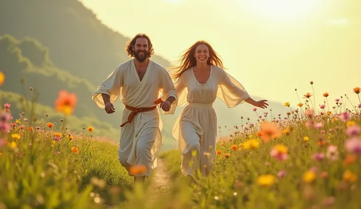 In a lush green field, uma pessoa corre alegremente com os braços abertos ao lado de jesus Cristo. Both are smiling widely, sharing a moment of pure happiness and freedom. The field is surrounded by colorful and soft flowers, and the sky above is clear and...