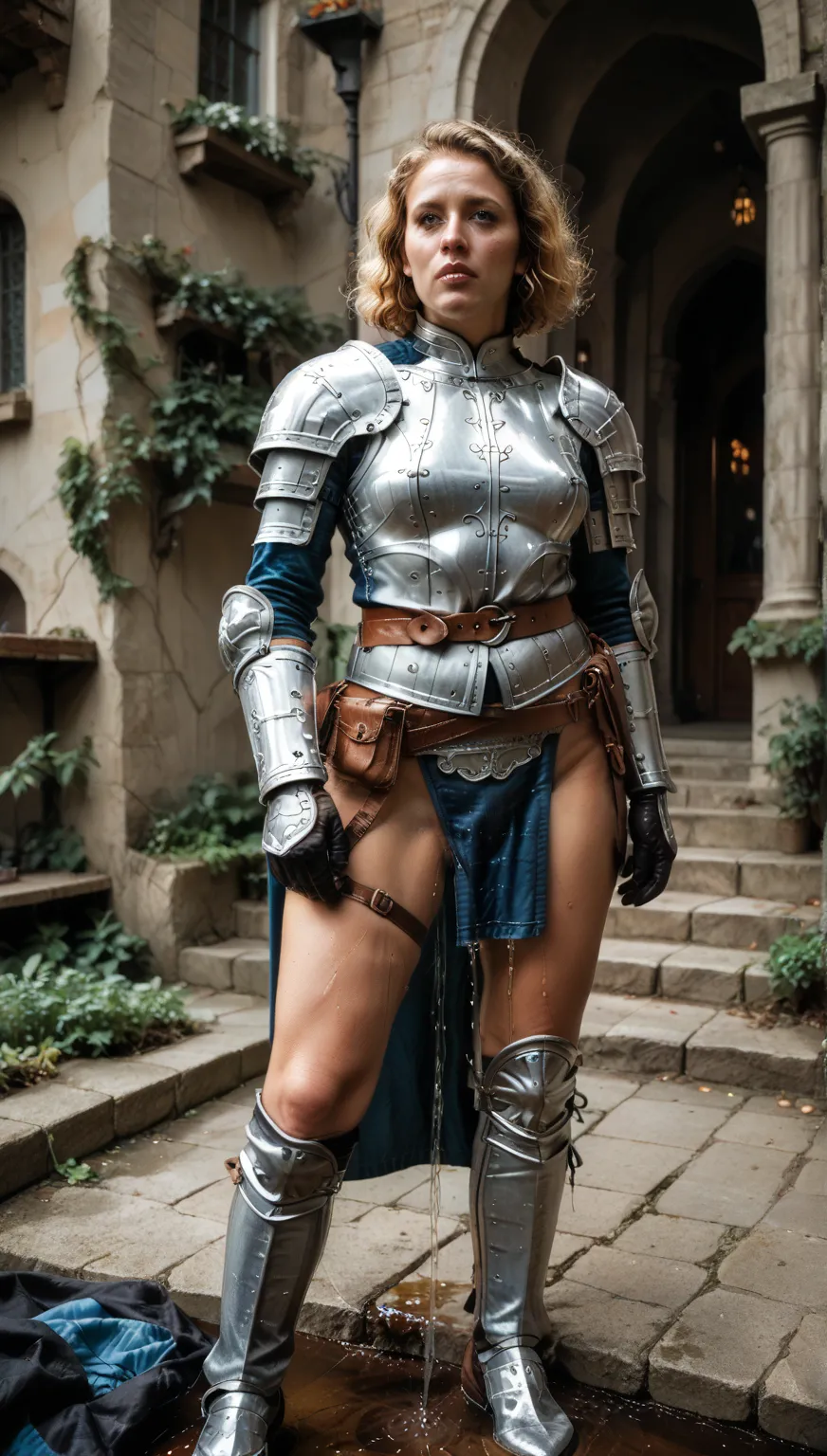 8k high resolution, best quality,dutch girl, 20 years old, short blonde curly hair, middleages, wearing tight breeches and a light simple chestplate armor, middleage armor, frightened female soldier, standing at a castle under siege, tears running down her...