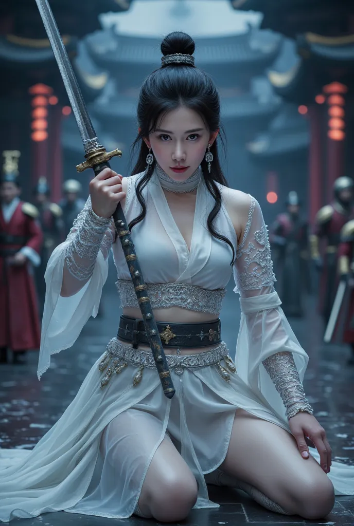 A battle scene in which a female white ninja lands、Place one hand on the floor and hold the wuxia long sword horizontally in front of your face.、Intricate chain mail that fits the body perfectly、sexy， Serious Eyes、Low fighting stance、surrounded by the empe...