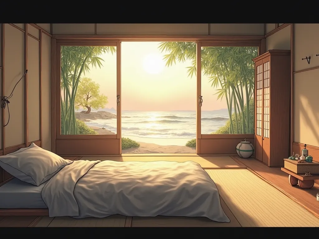 bedroom, japan, dreamy lighting, bamboo outside, beach outside