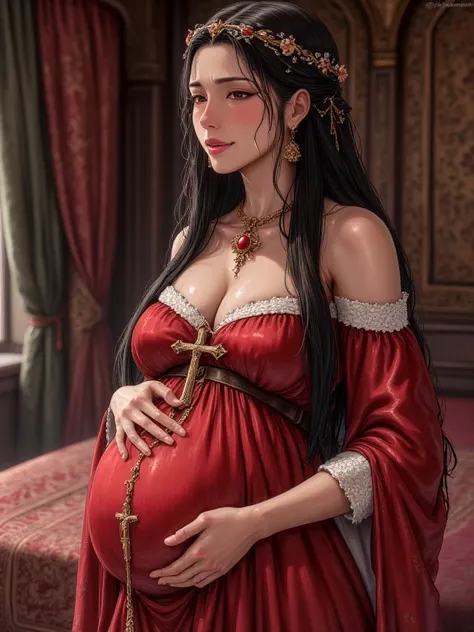 The location is a luxurious cabin on a 16th century sailing ship. One young woman wearing a 16th-century Spanish red dress woven of lustrous silk in a room with a luxurious canopied bed. Age: . Japanese woman. Long black hair that grows straight and hangs ...