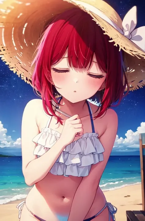  A beautiful painting with ears like a fox ,   Highest quality  ,  cute girl ,    beach ,   straw hat with right hand、   red hair、、  beautiful eyes、  swimsuit、（    white frill bikini ）、 starry sky  、 Close your eyes、 heavy sound teto