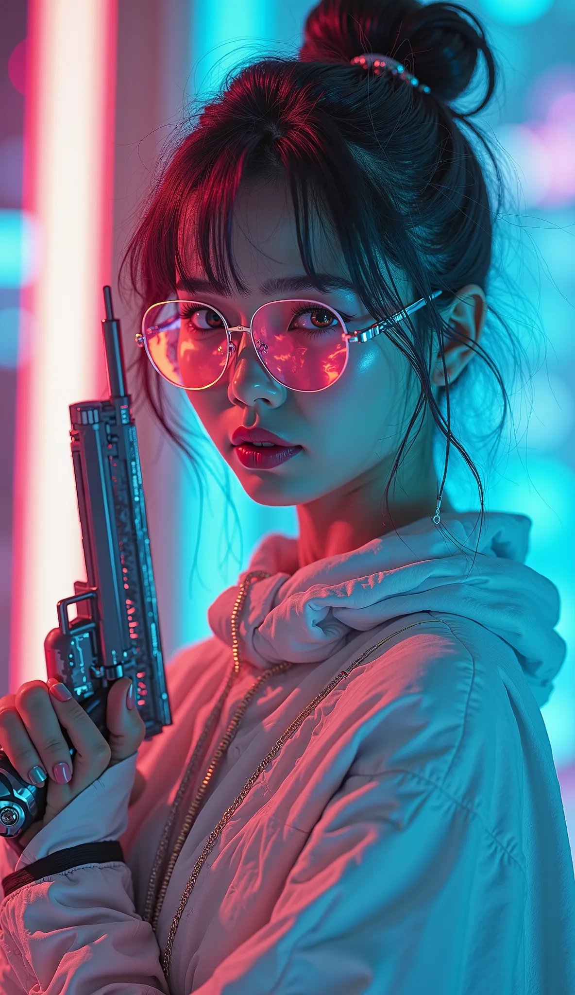 a beautiful young American woman is wearing metal for the futurist, cyberpunk, futuristic technology, and girls holding weapons in dazzling colors, wearing science fiction glasses, in the style of yuumei, light turquoise and light silver, waist shot, 8k re...