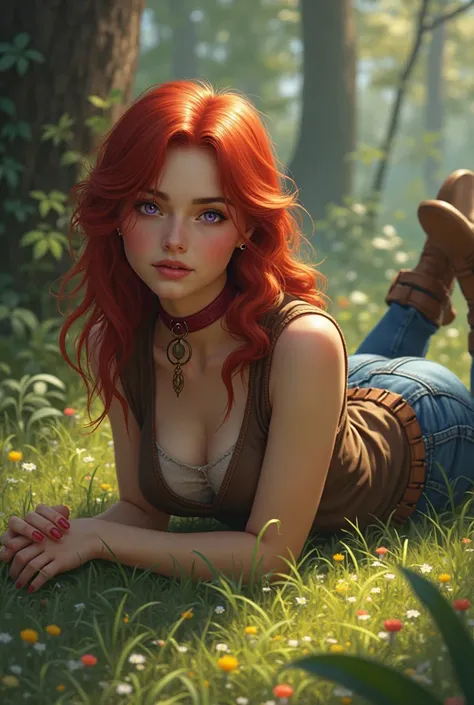 A beautiful girl who has red hair with a red collar eyes purple eyes color of brown and milk , a brown vest,denim pants and boots Lying on the ground in a grass and in a forest 