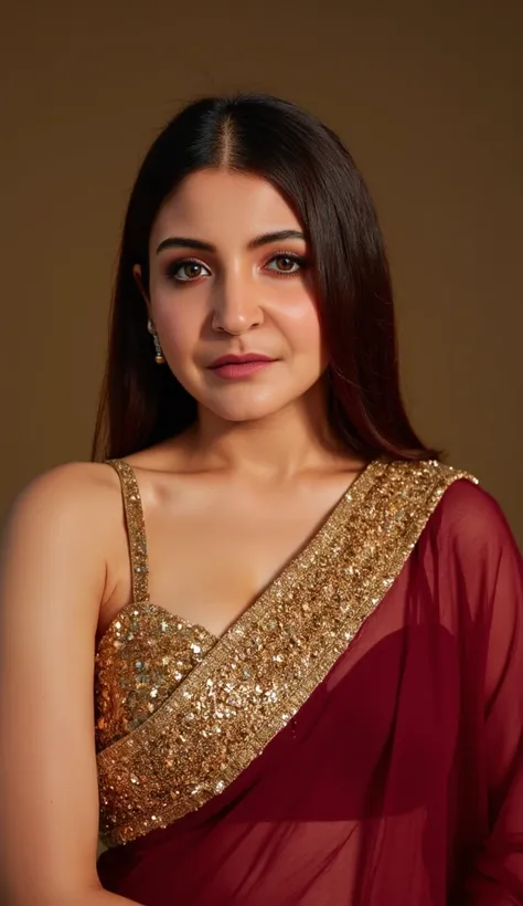 Generate a ultra realistic masterpiece close up front image of a woman in a maroon semi transparent sleeveless saree. The blouse is golden colour with mirror sequins. It has no sleeves and has a golden satin finish with off shoulder spaghetti strap. One of...