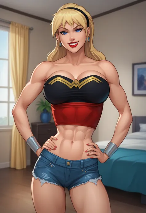 safe_pos, PonyXLV6_Scores BREAK (((parody style, parody:1.2)), perfect anatomy, cowboy shot) 1girl, blonde hair, french braid, blue eyes, ((looking at viewer)), hairband, star earrings, red jean shorts, curvy,  athletic, standing, hand on hip, indoors, bed...