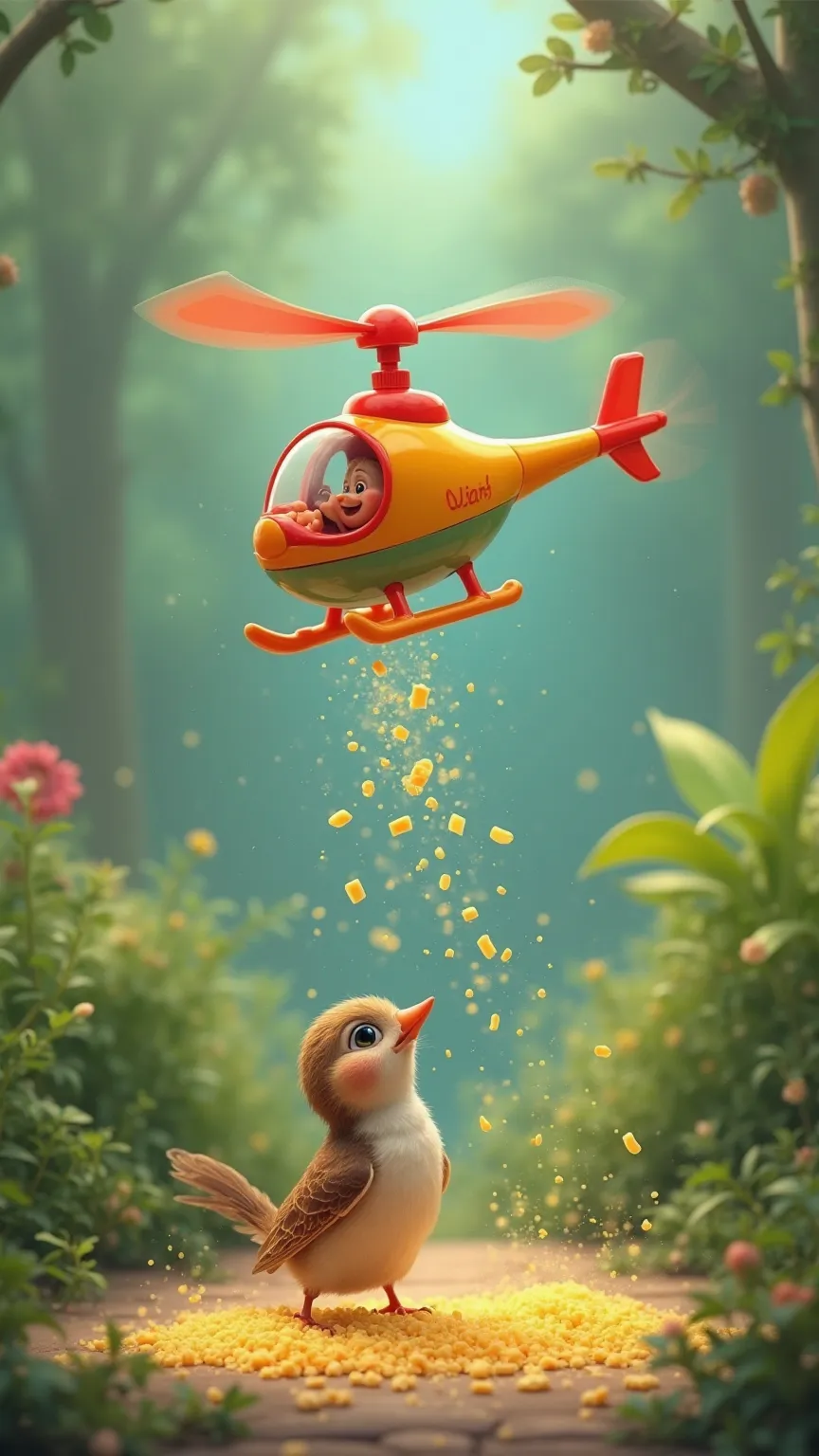 toy helicopter sprinkles grated cheese over a bird