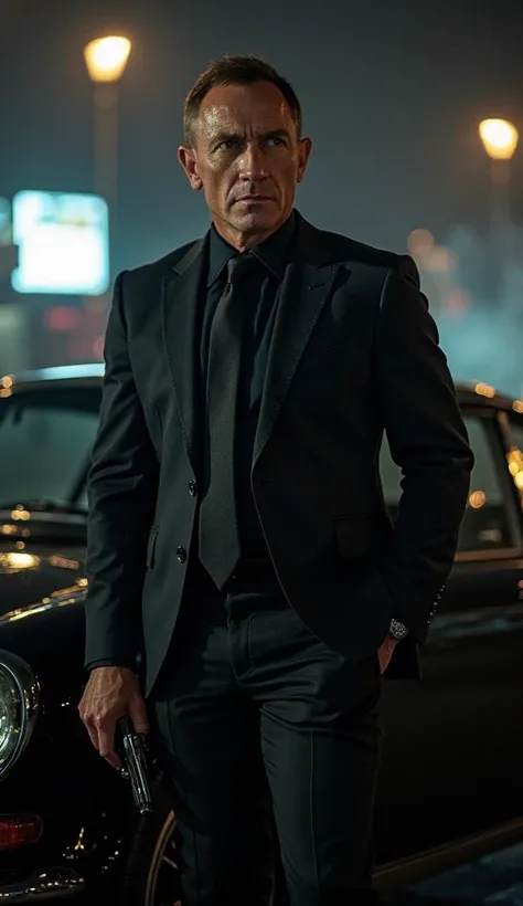 **Prompt:**  

"Daniel Craig's James Bond stands beside a sleek black sports car on a dark and mysterious night. Leaning casually against the vehicle, he holds a silenced pistol in his hand with a calm yet intense demeanor. His sharp black suit and tie ref...