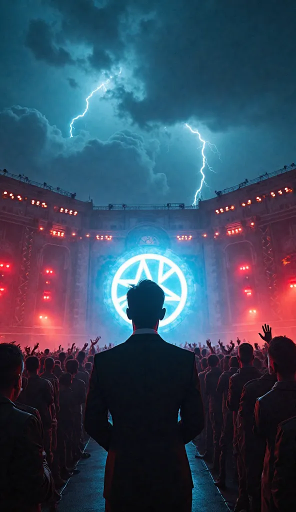 A charismatic figure wearing a dark suit, standing in the center of a huge stage illuminated by floodlights. The audience in front of him enthusiastically applauds, while a large screen behind him displays mysterious symbols. The environment has a futurist...