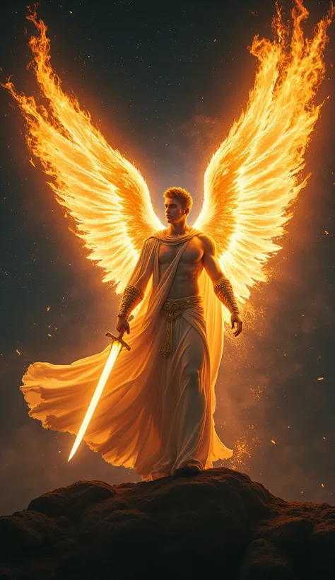 Archangel Michael with a fiery sword in the middle of the night 