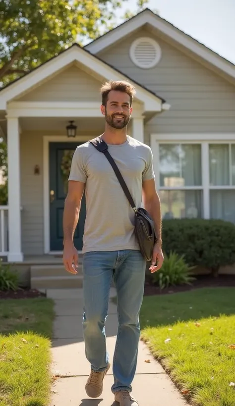 "A realistic image of a casually dressed man stepping out of his house in the morning. The full house is visible behind him, including the front door, windows, and exterior details. He is wearing simple clothing, like a t-shirt and jeans, and carrying a sm...