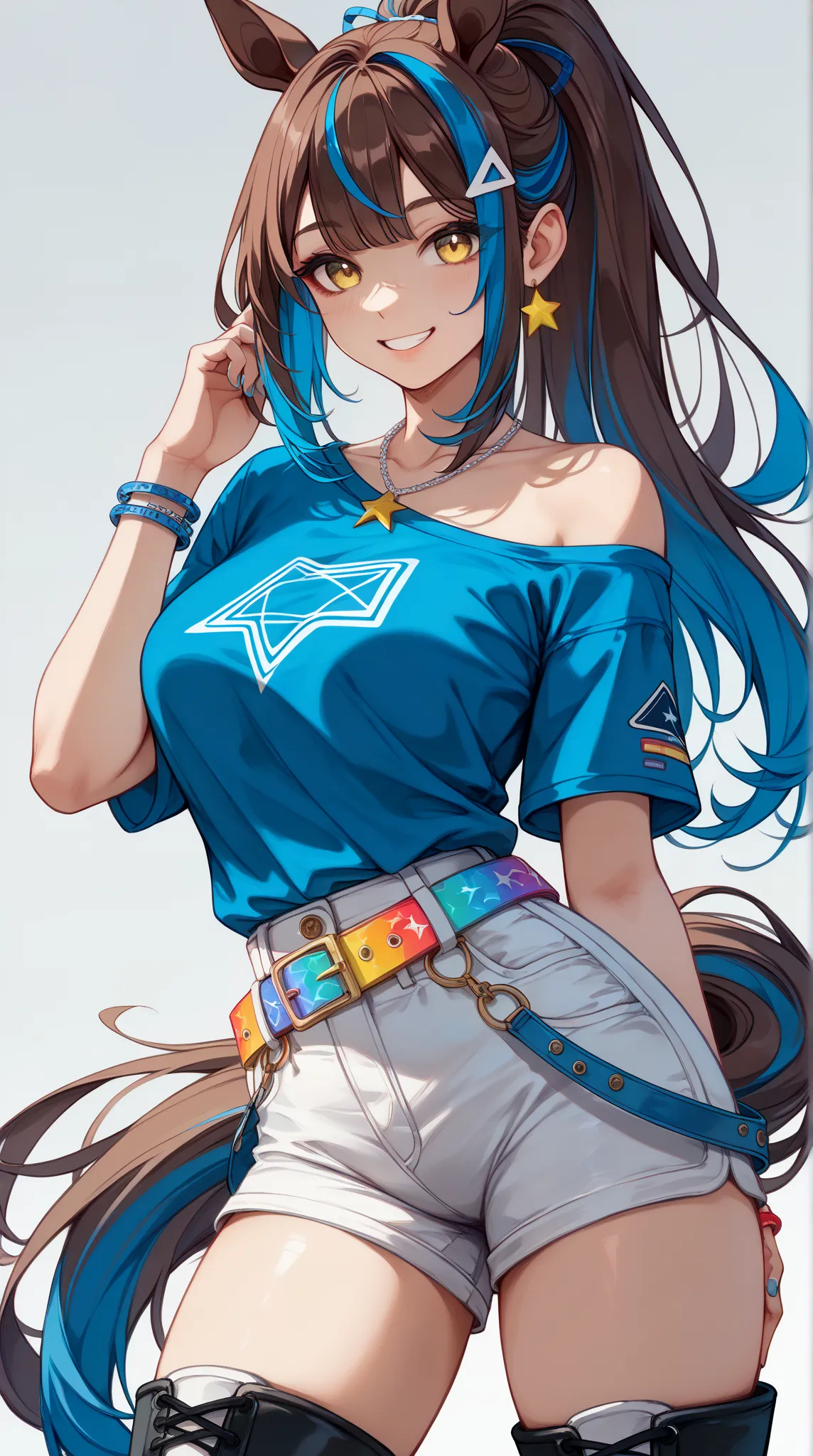 1 girl、Red dark brown hair、((blue streaked hair)), (blue highlights hair)、 star-shaped hairpin with bangs split to the right、 gal、 horse ears、((blue off-the-shoulder shirt))、(( White Hot Pants))、((white shorts))、square necklace、Fluorescent light blue ribbo...