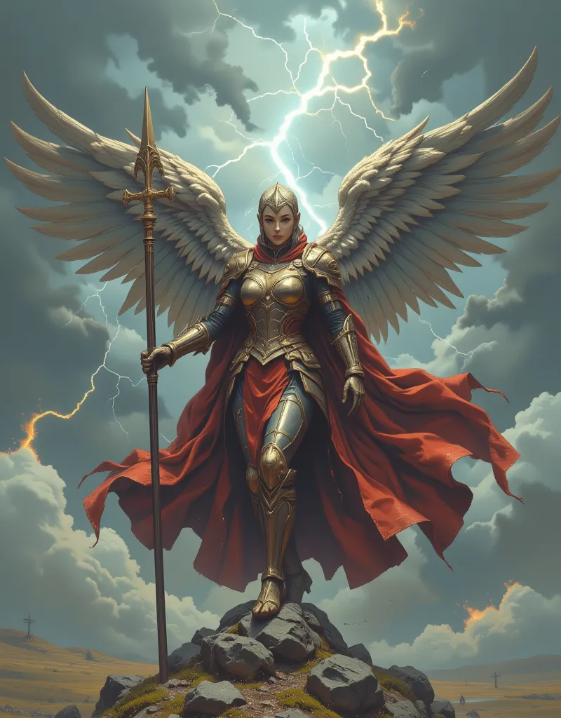 The pose at the moment when the big wings land on land.
Wings in the shape of a hero dressed armor, with the atmosphere of an empress or iron maiden.
A scene where she step from the sky to the ground.
A dignified expression, a hero's smile, and a strong ga...