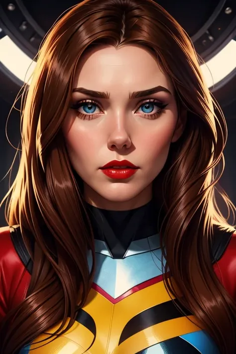 A portrait of a beautiful female whose facial features are a combo of Camryn Grimes + Shay Laren + Elizabeth Olsen. The female's hair is untied and hangs loose. The female has lovely makeup on her face. The female wears red lipstick. Comic-style realism an...