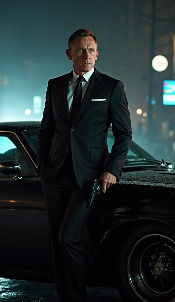 **Prompt:**  

"Daniel Craig's James Bond stands beside a sleek black sports car on a dark and mysterious night. Leaning casually against the vehicle, he holds a silenced pistol in his hand with a calm yet intense demeanor. His sharp black suit and tie ref...