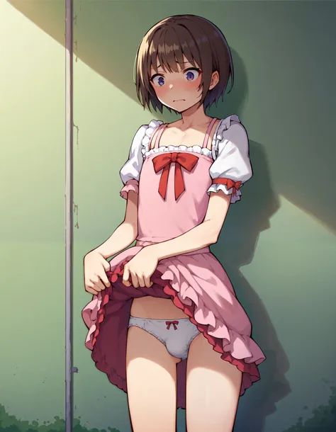 score_9, score_8_up, score_7_up, score_6_up, score_5_up, score_4_up, source_anime, BREAK, cute style, kawaii style, 1boy, crossdressing, solo, tomgirl, (tall height, 180cm height, flat chest, breastless:1.3), (brown Bob hairstyle, embarrassed:1.14), (weari...