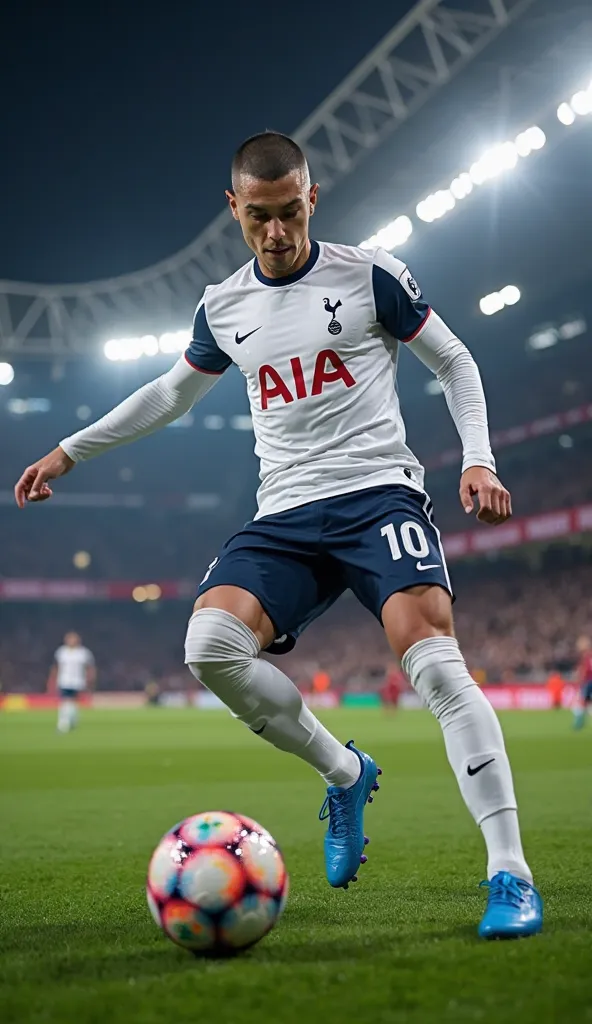 full body image, running kicking a ball on a soccer field during a Tottenham vs Liverpool match at a night stadium, 27-year-old male ,buzz cut,athletic and muscular body, And the marked mandible, Wearing the white long sleeve Tottenham Football Club t-shir...