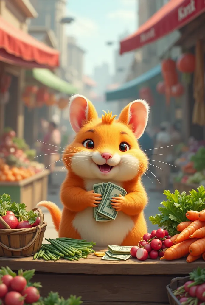 The orange hamster,with no clothes is selling vegetables,I sold out and was sitting counting the money.