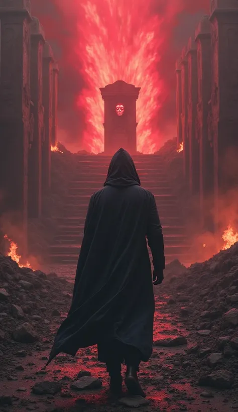 "A figure from behind, wearing a dark cloak, walking slowly toward a throne at the top of an immense staircase.  The surrounding environment is in ruins , with fire and smoke rising from the rubble. IN THE SKY, a frightening phenomenon occurs: a bloody aur...