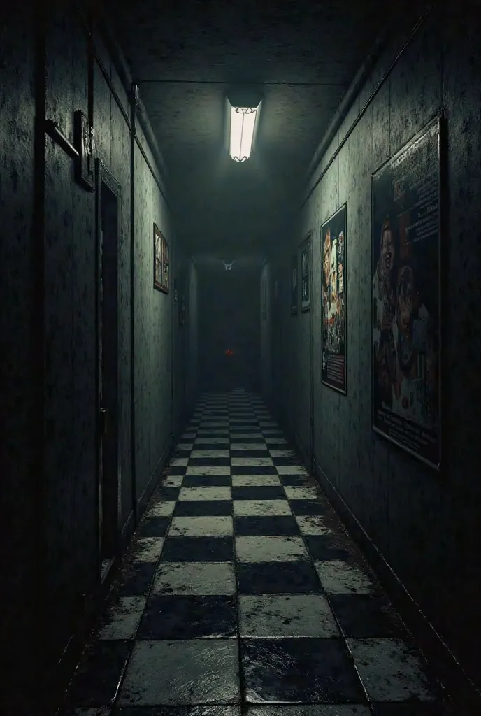 an FNAF corridor with its floor of black and white squares together with its characteristic walls