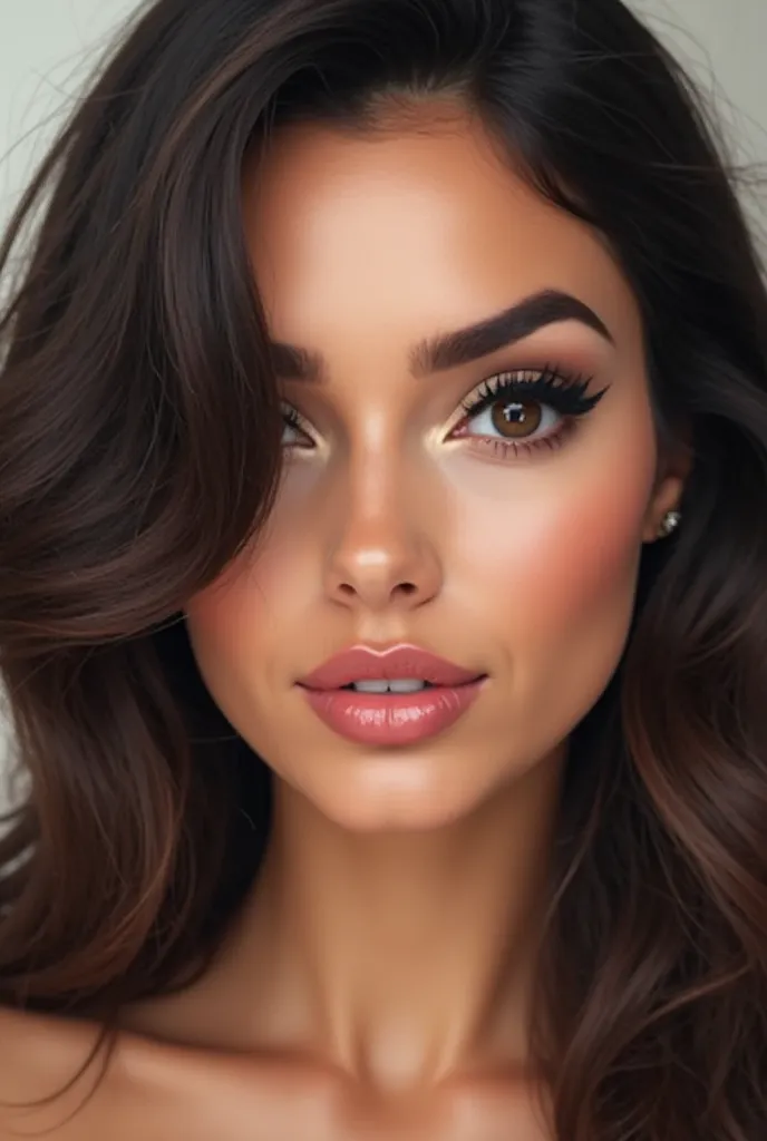 Create a woman's face with the following characteristics: Face shape : Slightly oval face with soft and defined features.
hair: hair castaño oscuro, long and with a slight undulation, that falls loosely around the face. A lock partially covers one of your ...