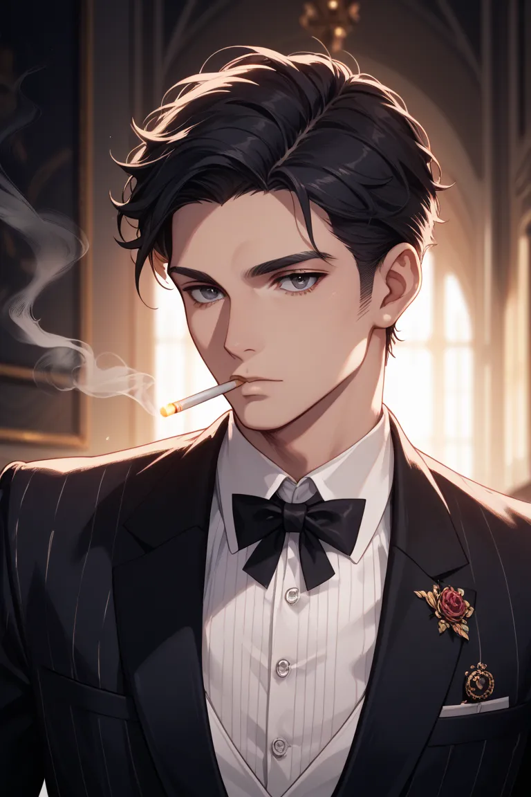  male。 Host Club。 black hair black eyes。 expressionless。Smoking。