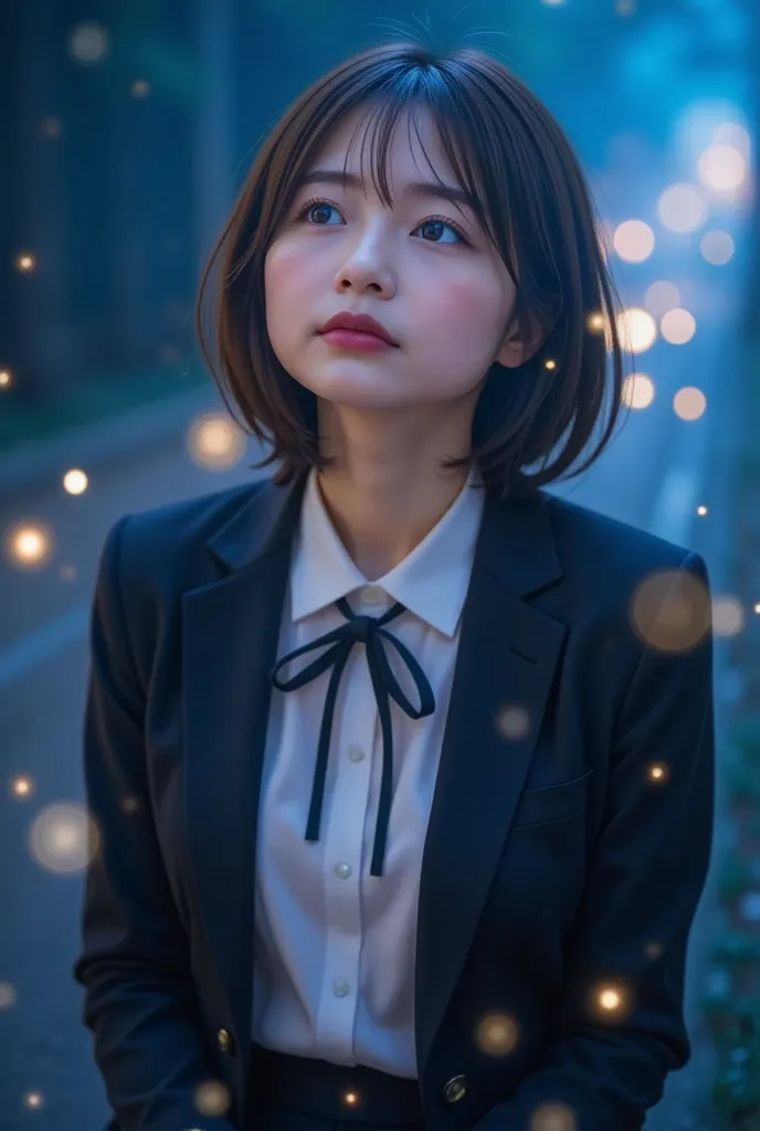 age Japan Woman, Alone, Profile of a beautiful Japanese woman looking up at the night sky, Artistic close-up photo, extra close-up:1.5, (masterpiece:1.2,  exceptional quality , Mirror-like, cinematic experience where you stretch your left hand horizontally...