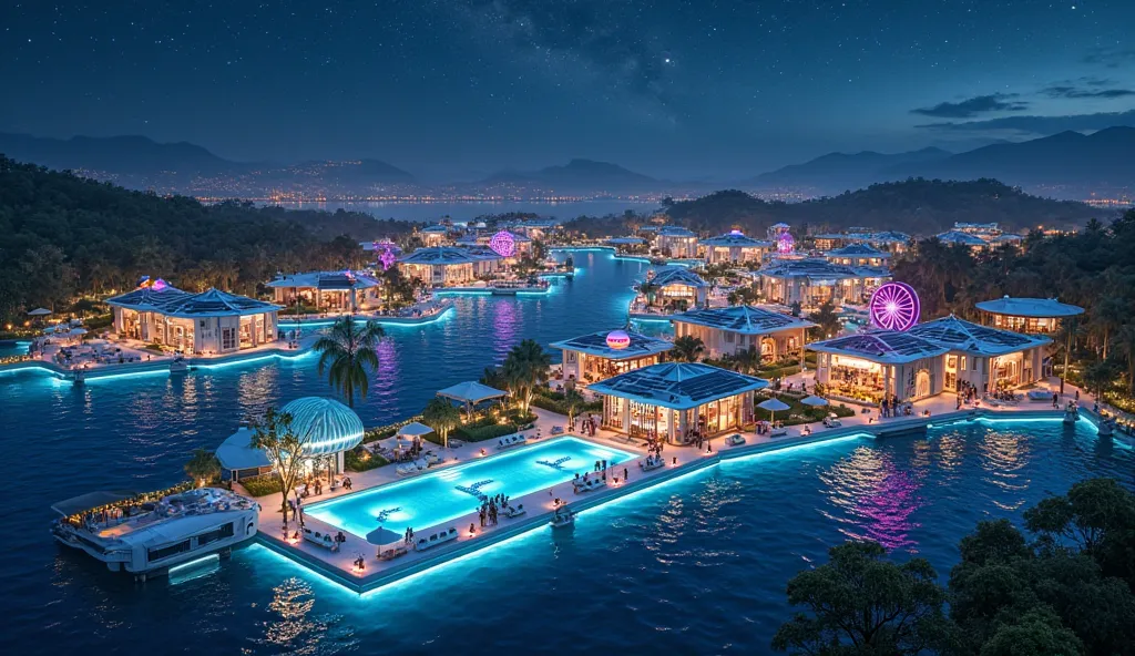 A futuristic floating town illuminated under a starry night sky, where solar-paneled houses glow with cyan and magenta LED lights and glass-greenhouse gardens radiate soft, bioluminescent hues. The surf pool’s wave machines pulse with underwater neon-blue ...