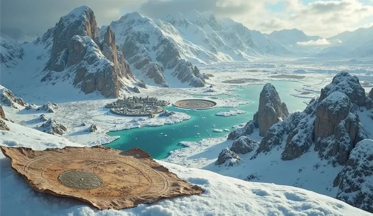 "A stunning aerial view of Antarctica, depicting a time when it was free of ice, revealing lush green valleys, flowing rivers, and ancient stone structures. The image showcases a lost civilization with towering temples, intricate carvings, and circular cit...