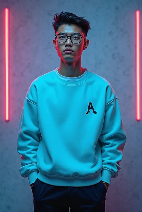 A black-haired male character wearing lenses, a neon blue sweatshirt with the capital letter A, but small, in white on the left side, with a white t-shirt and black pants.