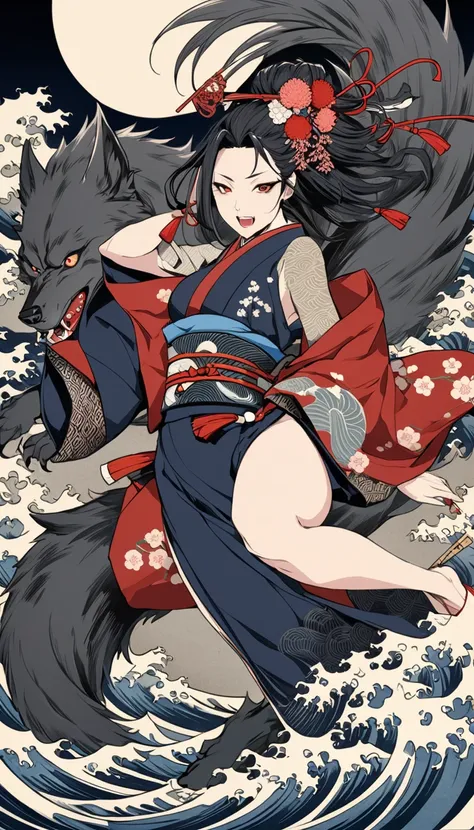 ukiyo-e, super complex high detail ,   Beautiful Traditional Japanese Culture  ,  and werewolves 