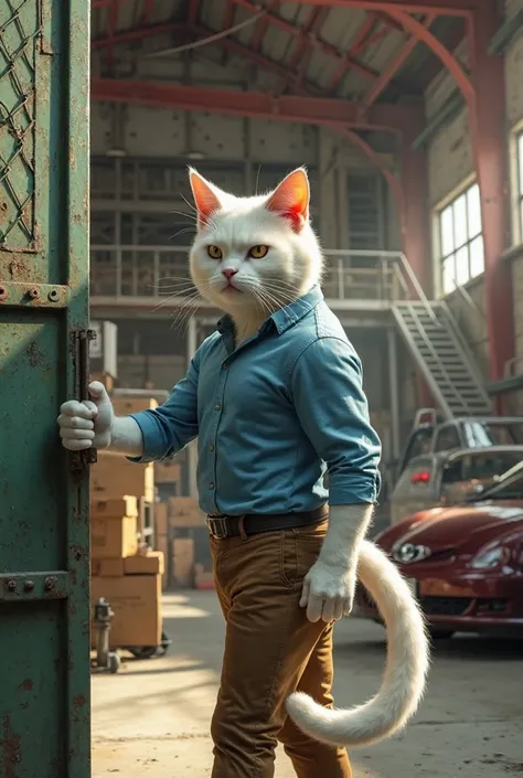 A white anthropomorphic male cat with a muscular build, wearing a neatly tucked-in blue button-up shirt and brown trousers, is seen in an industrial warehouse. He has an intense and focused expression as he pushes open a worn-out green metal door with a ru...