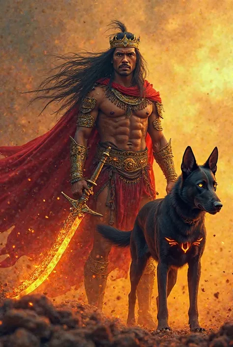 A formidable medieval Indian warrior with long flowing black hair, wearing an ornate golden crown. His hand armor is adorned with rich carmine red and fire yellow details, symbolizing power and intensity. He grips a massive curved sword glowing with ember-...