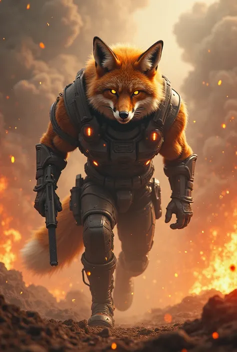 A cinematic and highly accurate depiction of a futuristic space. Your art fox is a huge, muscular humanoid with a majestic mane, glowing eyes and a fierce expression that will transform into a heavily armored figure. He carries a modern tactical soldier, w...