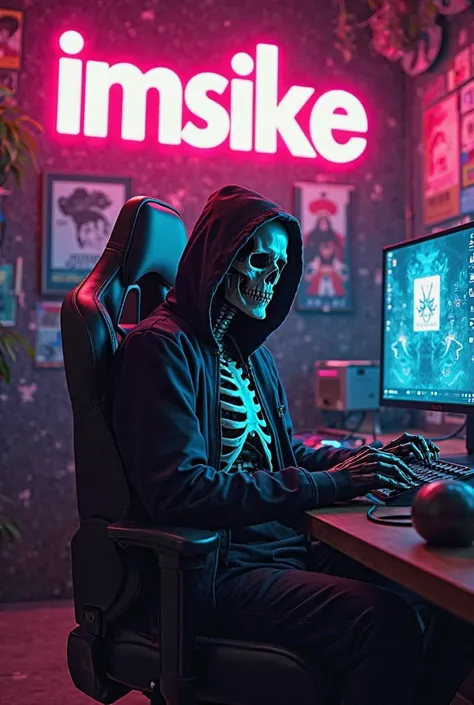 "Dark gaming aesthetics meets hacker vibes! A hooded skeleton figure sits in a high-end gaming chair, immersed in data and strategy. The neon-lit room, filled with retro tech and mysterious posters, sets the perfect atmosphere for an intense gaming session...