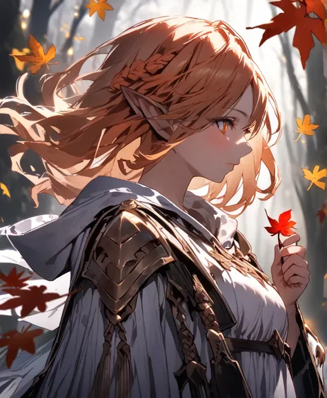 score_9, score_8_up, score_7_up, (masterpiece, UHD, 8K, 16K, ultra detailed), sfw, upperbody shot, 1girl, elf, orange eyes, one side braided hair, ginger hair, holding a red leaf, white dress with hood, intricate details, (murmuring leaves), (wind:1.2), (m...