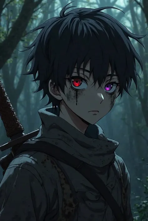 A 20-year-old boy with black( anime style) found in a disgusting and gloomy swamp at night like in a nightmare, He wears ragged clothes and carries a legendary sword, His look is serious, On the right side of the face there are spots of black corruption, w...