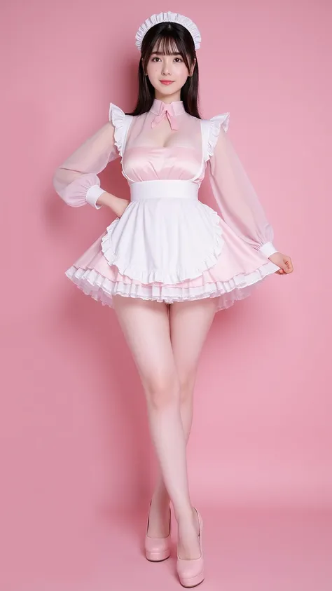 nsfw,8K, RAW photo, (masterpiece, best quality, photorealistic, ultra high resolution, ultra-detailed:1.4), 1girl, beautiful, idol, matchless beauty,  (hyperrealistic, professional photograph:1.4),simple background,(Maid wearing SexyMaidCostume,pink color)...