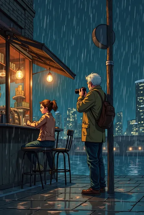 Now make an image in which a 56-year-old man with white hair and in good shape is taking pictures of a 25-year-old girl with brown hair working in a coffee shop, But it's nighttime and it's raining and he's behind a hidden pole so that no one can see, comi...