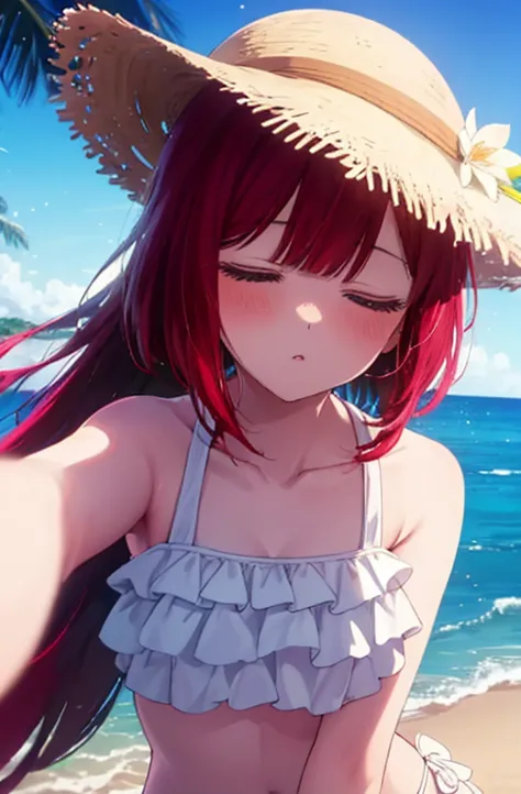  A beautiful painting with ears like a fox ,   Highest quality  ,  cute girl ,    beach ,   straw hat with right hand、   red hair、、  beautiful eyes、  swimsuit、（    white frill bikini ）、 starry sky  、 Close your eyes、 heavy sound teto