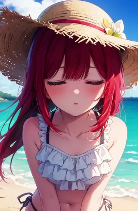  A beautiful painting with ears like a fox ,   Highest quality  ,  cute girl ,    beach ,   straw hat with right hand、   red hair、、  beautiful eyes、  swimsuit、（    white frill bikini ）、 starry sky  、 Close your eyes、 heavy sound teto