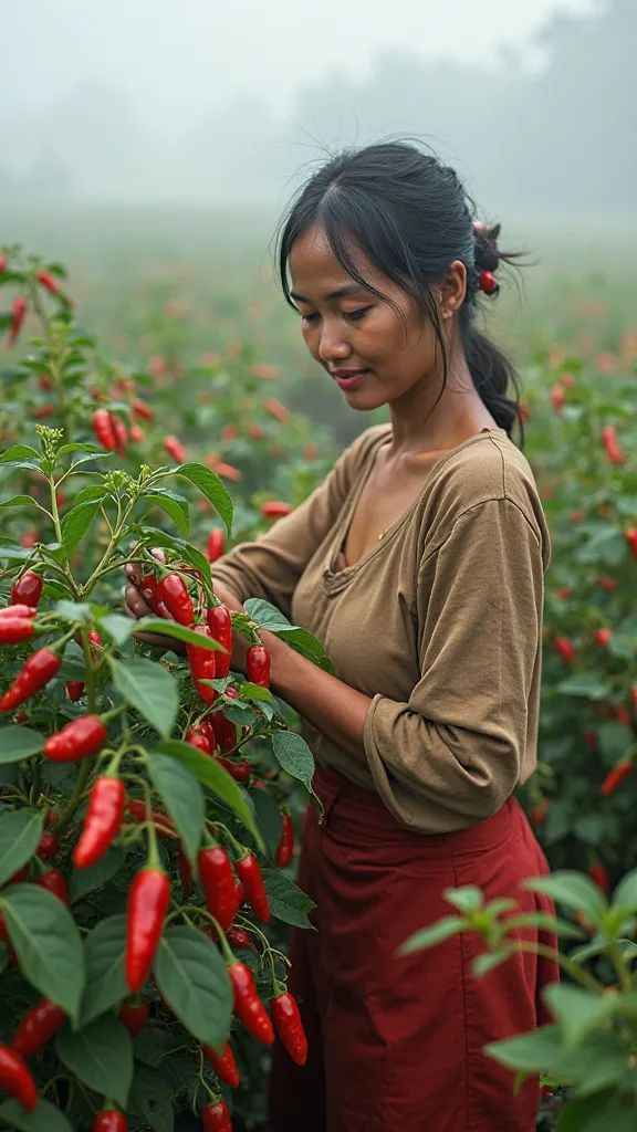 A woman is picking chili,Chili Farmland,foggy,4K,indonesia