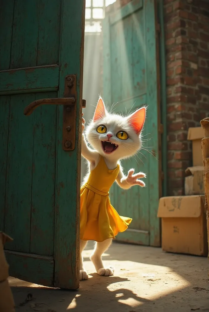 A white anthropomorphic female cat with soft fur and expressive yellow eyes, wearing a simple yet elegant yellow dress, is in a dimly lit warehouse. She has a distressed and panicked expression as she desperately pushes against an old green wooden door wit...