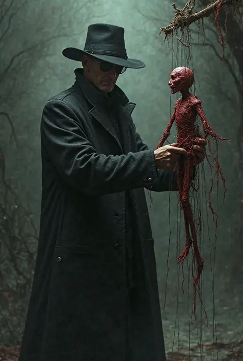 Male. Long black coat. Black hat. Sunglasses. Black boots. Scary. He’s a puppeteer whose puppet is made of flesh. The puppets' threads are made of flesh and come out of the fingers of the man. 