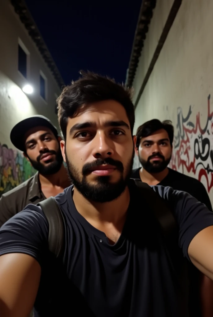 Photograph Selfie of a Man with other friends in the favela of Rio de Janeiro, armed with rifle and machine gun, at night, street lighting. Background of a street, at night, with graffitied walls and graffiti. Real high quality Footage. Realistic photograp...