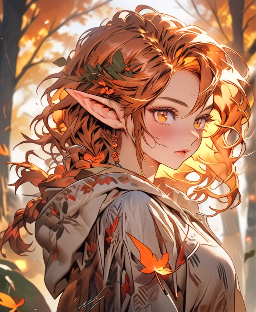 score_9, score_8_up, score_7_up, (masterpiece, UHD, 8K, 16K, ultra detailed), sfw, upperbody shot, 1girl, elf, orange eyes, one side braided hair, ginger hair, holding a red leaf, white dress with hood, intricate details, (murmuring leaves), (wind:1.2), (m...